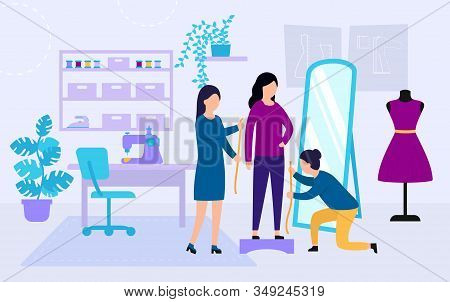 Sewing Studio Concept. Process Of Designing And Making Clothes. Dressmakers Are Measuring Girl S Clo