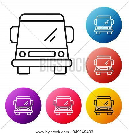 Black Line Car Icon Isolated On White Background. Front View. Set Icons Colorful Circle Buttons. Vec