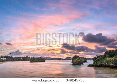 View of Kouri Island, Okinawa, Japan from Yagaji Island at dusk.