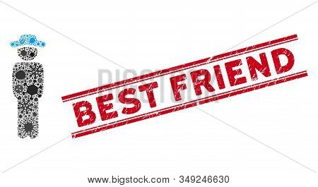 Microbe Mosaic Gentleman Standing Icon And Red Best Friend Seal Stamp Between Double Parallel Lines.