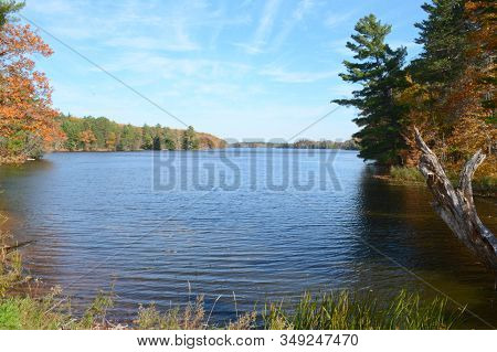 Panoramic Autumn Vista On Picturesque Lake Chippewa, In North Central Wisconsin.