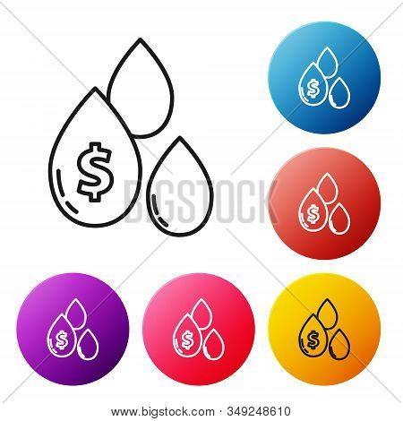 Black Line Oil Drop With Dollar Symbol Icon Isolated On White Background. Set Icons Colorful Circle 