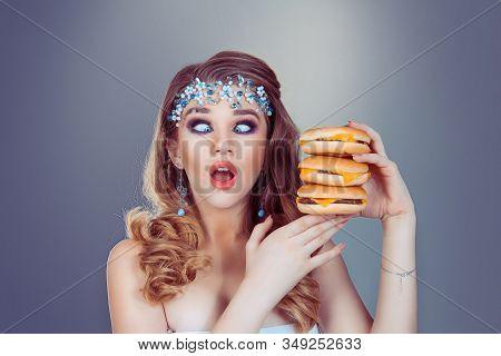 Model Going Crazy With Her Diet, Hungry, Craving About Junk Food. Young Beauty Blonde Woman Looking 