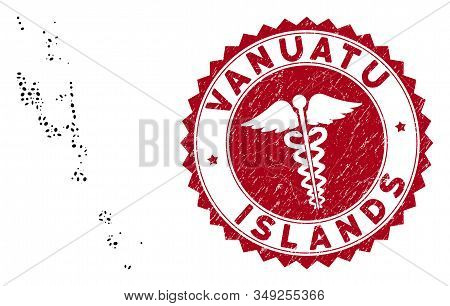 Vector Collage Vanuatu Islands Map And Red Rounded Grunge Stamp Seal With Health Care Symbol. Vanuat