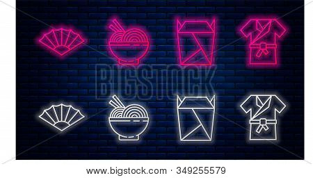 Set Line Asian Noodles In Bowl And Chopsticks, Rstaurant Opened Take Out Box Filled, Paper Chinese O
