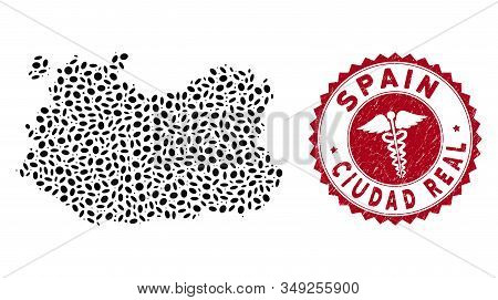 Vector Mosaic Ciudad Real Province Map And Red Rounded Distressed Stamp Watermark With Medicine Symb