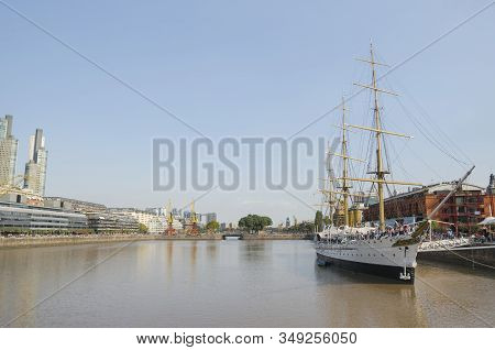 Puerto Madero, Buenos Aires Argentina. View Of The South Dock, Where The Fragata Ara Presidente Sarm