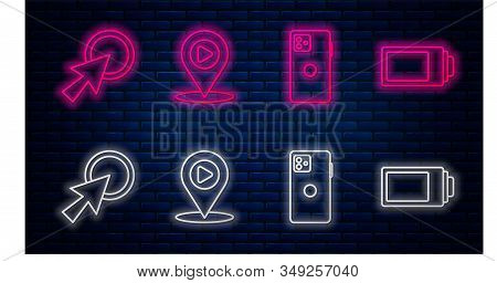 Set Line Digital Media Play With Location, Smartphone, Mobile Phone, Arrow Cursor And Battery Charge