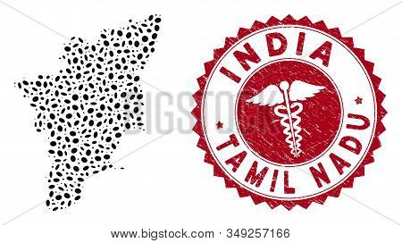 Vector Collage Tamil Nadu State Map And Red Rounded Corroded Stamp Seal With Health Care Icon. Tamil