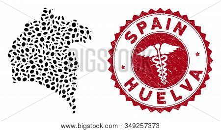 Vector Mosaic Huelva Province Map And Red Rounded Rubber Stamp Watermark With Doctor Sign. Huelva Pr