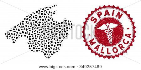 Vector Collage Mallorca Map And Red Rounded Grunge Stamp Watermark With Medic Icon. Mallorca Map Col