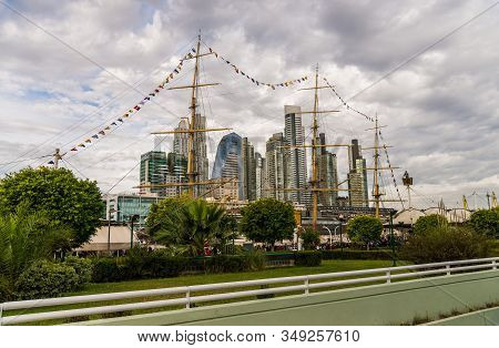Buenos Aires, Argentina - May 26, 2019: Skyscrapers And Fragata Sarmiento Ship