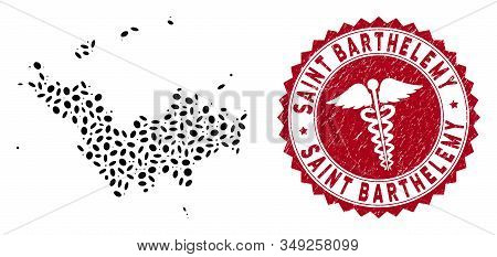Vector Collage Saint Barthelemy Map And Red Rounded Rubber Stamp Seal With Medical Sign. Saint Barth