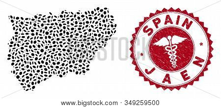 Vector Mosaic Jaen Spanish Province Map And Red Rounded Corroded Stamp Seal With Health Care Sign. J