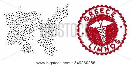 Vector Collage Limnos Greek Island Map And Red Rounded Rubber Stamp Seal With Medicine Sign. Limnos 