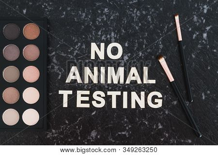 Cruelty-free Beauty, No Animal Testing Message Among Make-up Brushes And Eyeshadow Palette On Black