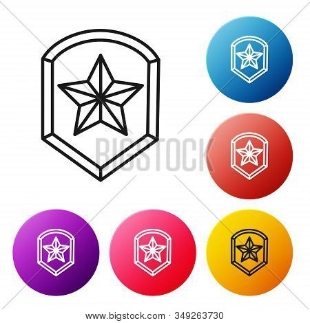Black Line Police Badge Icon Isolated On White Background. Sheriff Badge Sign. Shield With Star Symb