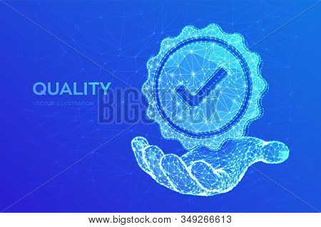 Quality. Low Polygonal Quality Icon Check In Hand. Standard Quality Control Certification Assurance.