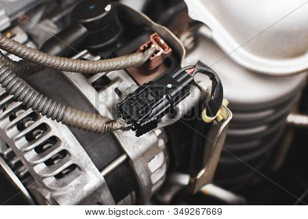 Electric Socket Wire Connector To Car Alternator Of Engine System, Automotive Part Concept.