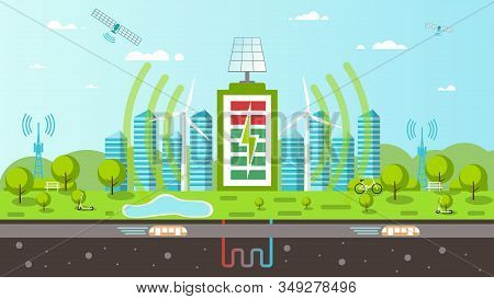 Smart City Of The Future, With Renewable Energy Sources, Wireless Charging, Satellite Internet, Conn