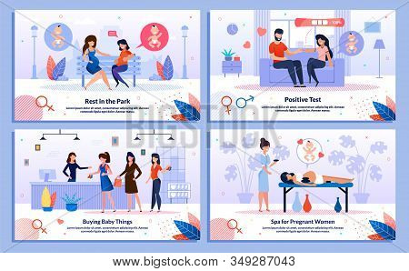Happy Life In Pregnancy, Pregnant Woman Shopping Trendy Flat Vector Banner, Poster Set. Lady Talking