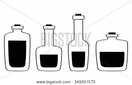 Set Of Bottles Of Different Shapes. Black Hand Drawn Silhouette. Cartoon Flat Simple Vials With Cork