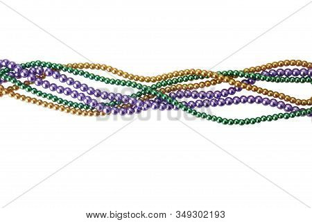 Three Colors Mardi Gras Beads For Decoration Isolated Ob White Background
