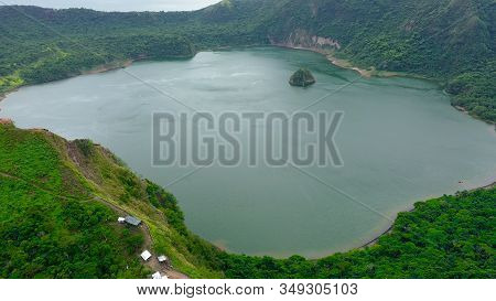 The Smallest Volcano In The Philippines Is Taal With A Green Crater Lake, Aerial View. Tagaytay, Phi