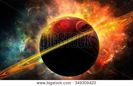 Abstract Space Illustration, 3d Image, Bright Purple Planet Saturn And Space Nebula