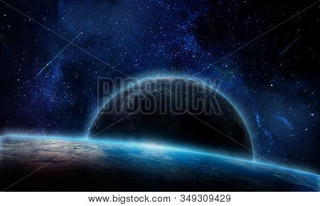 Abstract Space Illustration, 3d Image, Bright Purple Planet Saturn And Space Nebula