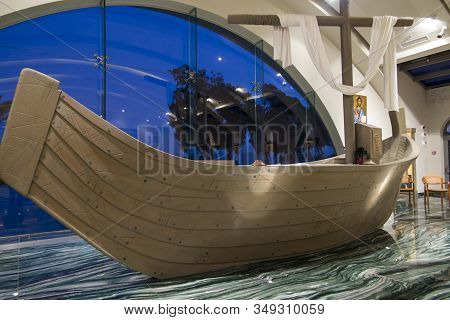 Migdal Haemek, Israel, January 26, 2020: The Altar In The Church In Magdala On The Galilee Lake (tib