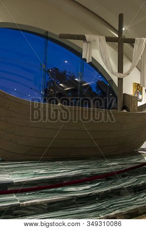 Migdal Haemek, Israel, January 26, 2020: The Altar In The Church In Magdala On The Galilee Lake (tib