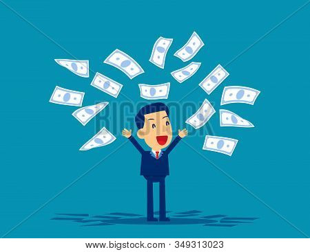 Man Throwing Banknotes In Delight. Concept Business Financial Vector Illustration, Kid Flat Cartoon