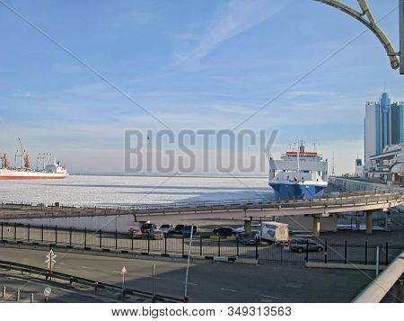Ukraine, Odessa, Maritime Station, March 5, 2011, The Water Area Of The Sea Trade Port Is Icebound. 