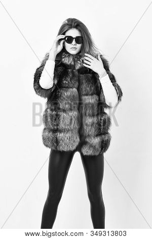 Winter Elite Luxury Clothes. Female Brown Fur Coat. Fur Store Model Enjoy Warm In Soft Fluffy Coat W