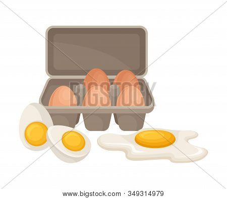 Raw Eggs Packed In Carton With Boiled And Scrambled Egg Near It Isolated On White Background Vector 