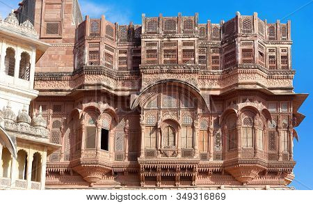 Exterior Of Palace In Famous Mehrangarh Fort In Jodhpur, Rajasthan State, India. 15th Century A.d. T