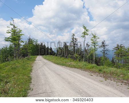 Desolate Path At Silesian Beskids Mountains Range Landscapes Near Salmopol Pass Above European City 