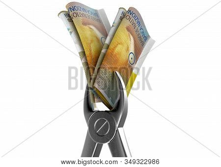 A Pair Of Medical Pliers Gripping A Rolled Up Pair Of Swiss, Franc, Bank Notes On An Isolated White 