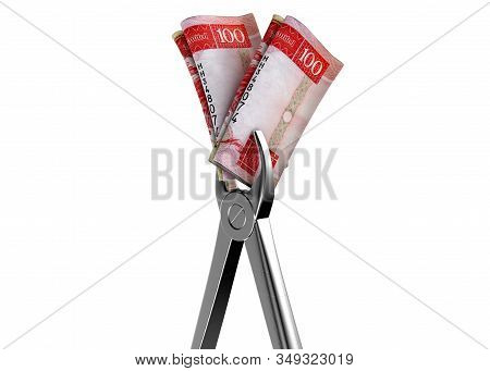A Pair Of Medical Pliers Gripping A Rolled Up Pair Of Hong Kong Dollar Bank Notes On An Isolated Whi
