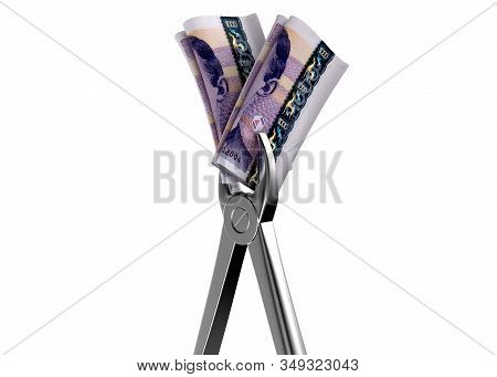 A Pair Of Medical Pliers Gripping A Rolled Up Pair Of Norwegian Kroner Bank Notes On An Isolated Whi