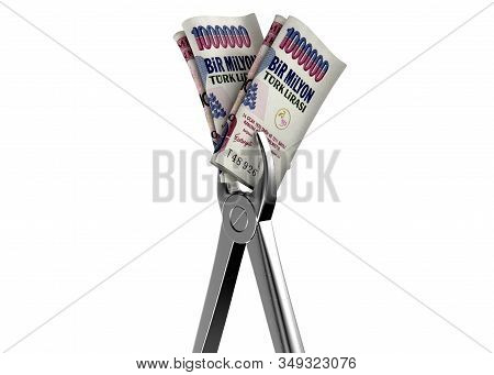 A Pair Of Medical Pliers Gripping A Rolled Up Pair Of Turkish Lira Bank Notes On An Isolated White S