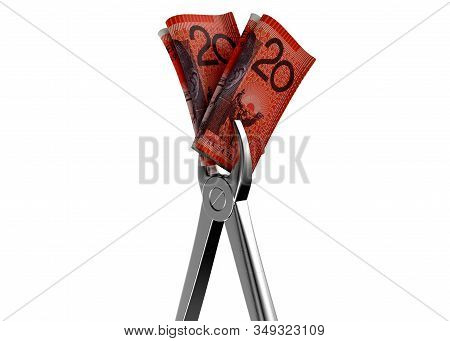 A Pair Of Medical Pliers Gripping A Rolled Up Pair Of Australian Dollar Bank Notes On An Isolated Wh