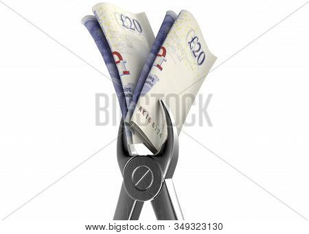 A Pair Of Medical Pliers Gripping A Rolled Up Pair Of British Pound Bank Notes On An Isolated White 