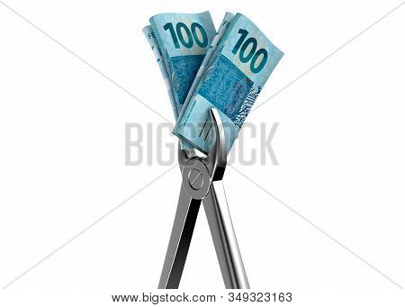 A Pair Of Medical Pliers Gripping A Rolled Up Pair Of Brazilian Real Bank Notes On An Isolated White