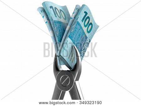 A Pair Of Medical Pliers Gripping A Rolled Up Pair Of Brazilian Real Bank Notes On An Isolated White