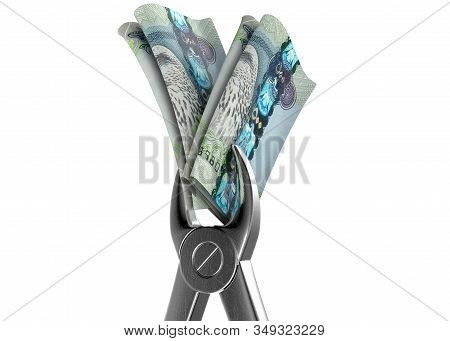 A Pair Of Medical Pliers Gripping A Rolled Up Pair Of Russian Ruble Bank Notes On An Isolated White 