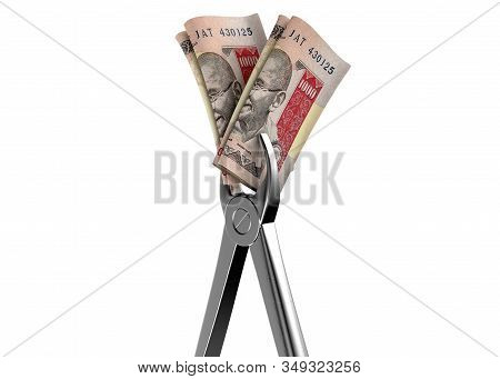 A Pair Of Medical Pliers Gripping A Rolled Up Pair Of Indian Rupee Bank Notes On An Isolated White S