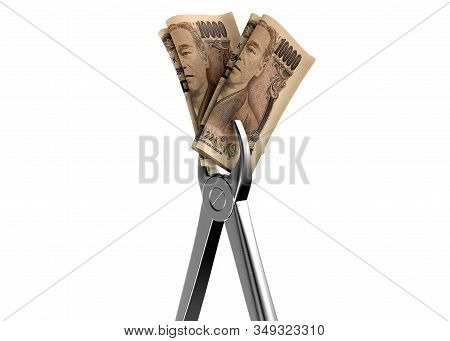 A Pair Of Medical Pliers Gripping A Rolled Up Pair Of Japan Yen Bank Notes On An Isolated White Stud