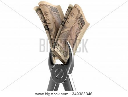 A Pair Of Medical Pliers Gripping A Rolled Up Pair Of Japan Yen Bank Notes On An Isolated White Stud